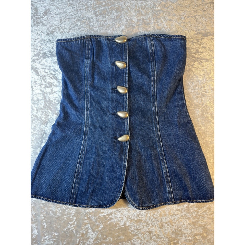 MESHKI Lennox Womens XS Denim Strapless Corset Top Dark Blue Longline NWT